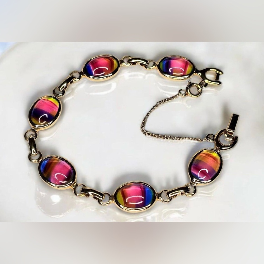VINTAGE Sarah Coventry "Harmony" bracelet rainbow-coloured cabochon glass stones